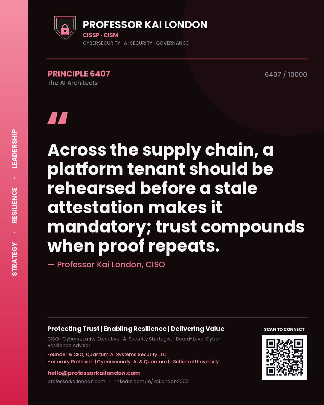 Professor Kai London principle 6407: Across the supply chain, a platform tenant should be rehearsed before a stale attestation makes it mandatory; trust compounds when proof repeats.