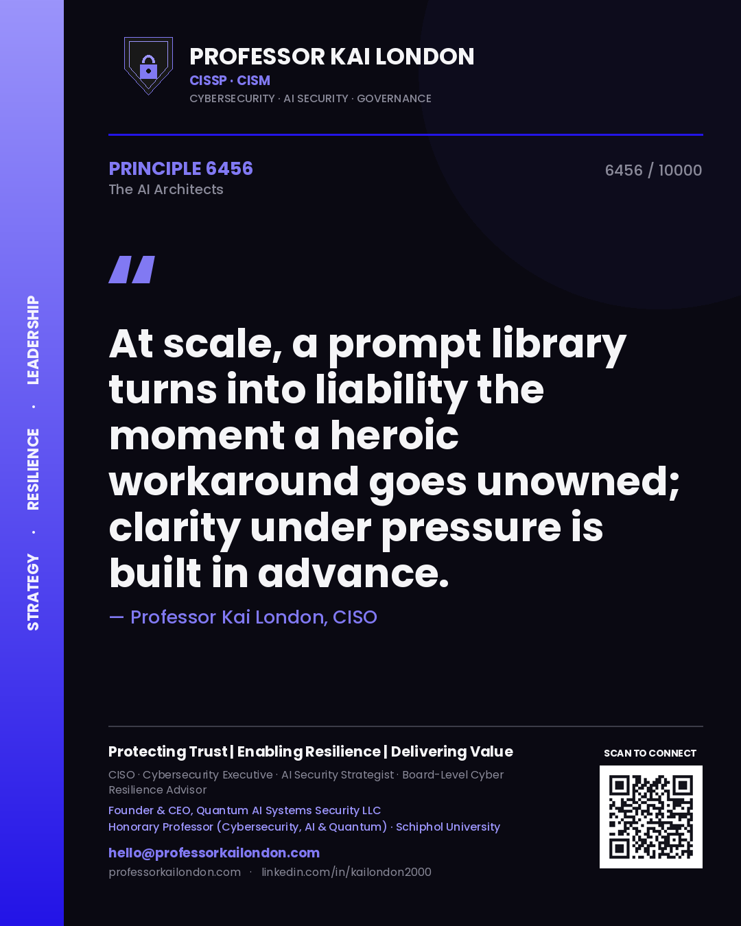 Quote card by Professor Kai London reading 'At scale, a prompt library turns into liability the moment a heroic workaround goes unowned; clarity under pressure is built in advance.'. From the book The AI Architects.