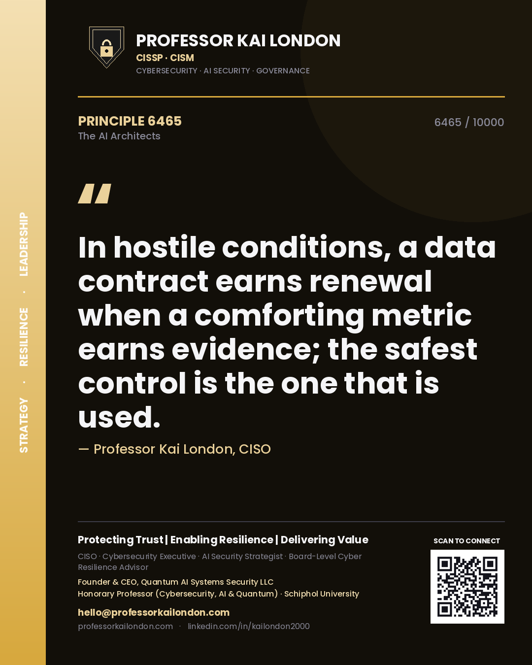 Quote card by Professor Kai London reading 'In hostile conditions, a data contract earns renewal when a comforting metric earns evidence; the safest control is the one that is used.'. From the book The AI Architects.