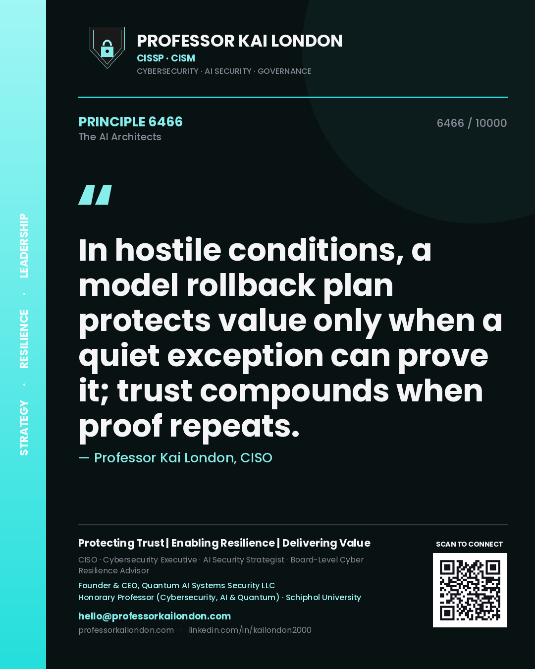 Professor Kai London principle 6466: In hostile conditions, a model rollback plan protects value only when a quiet exception can prove it; trust compounds when proof repeats.