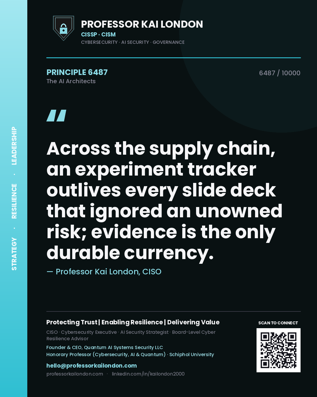 Quote card by Professor Kai London reading 'Across the supply chain, an experiment tracker outlives every slide deck that ignored an unowned risk; evidence is the only durable currency.'. From the book The AI Architects.
