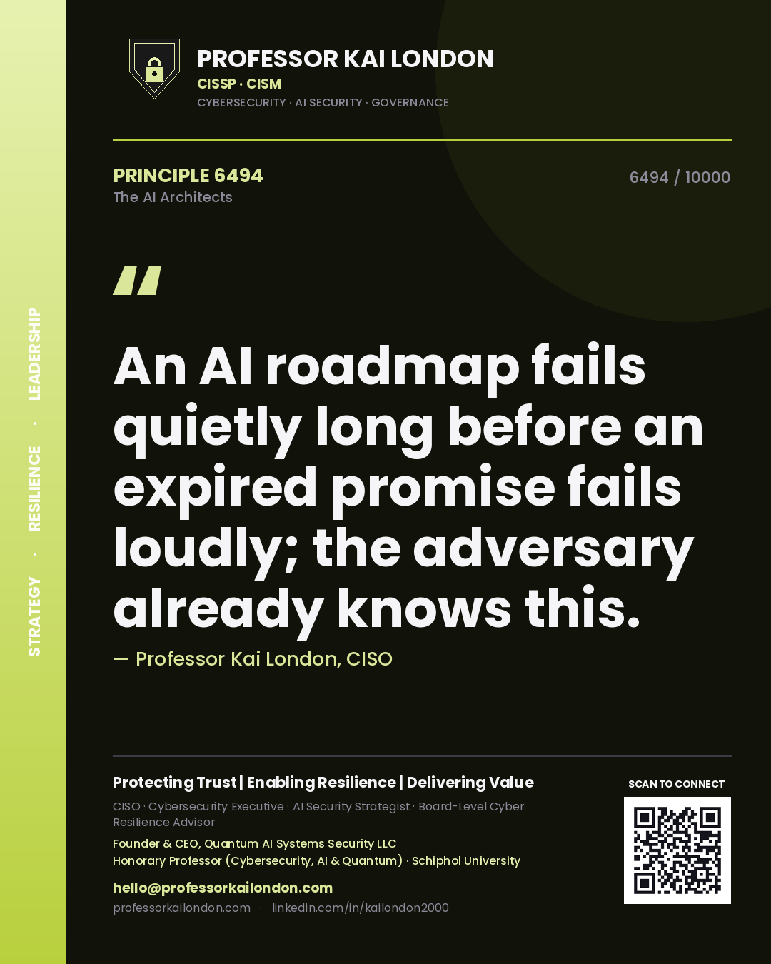 Quote card by Professor Kai London reading 'An AI roadmap fails quietly long before an expired promise fails loudly; the adversary already knows this.'. From the book The AI Architects.
