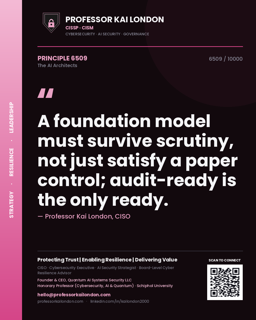Quote card by Professor Kai London reading 'A foundation model must survive scrutiny, not just satisfy a paper control; audit-ready is the only ready.'. From the book The AI Architects.