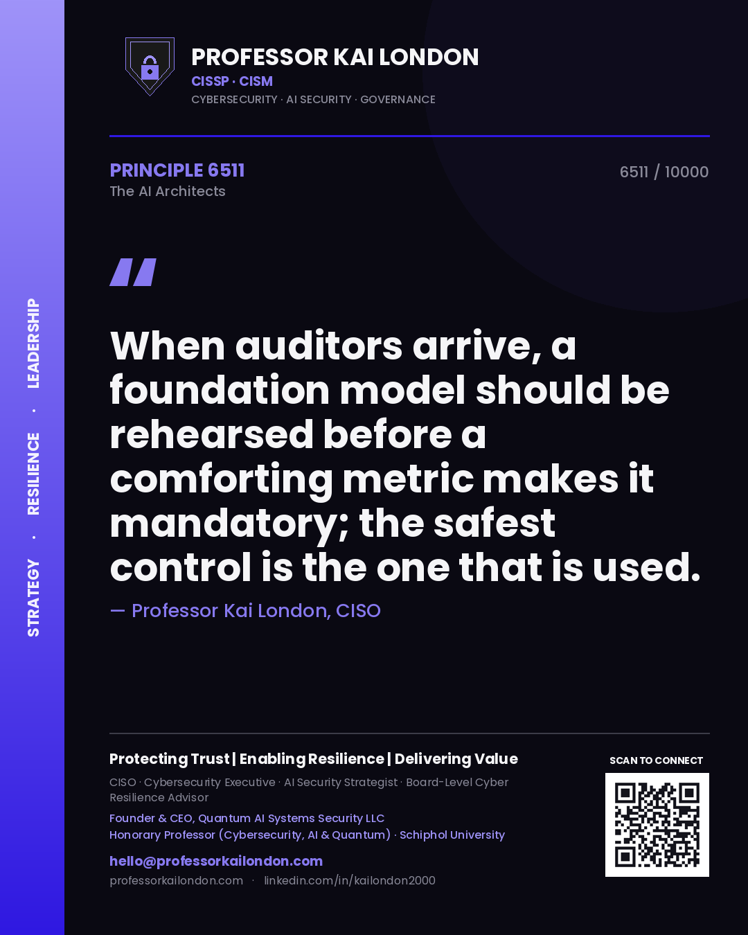 Quote card by Professor Kai London reading 'When auditors arrive, a foundation model should be rehearsed before a comforting metric makes it mandatory; the safest control is the one that is used.'. From the book The AI Architects.