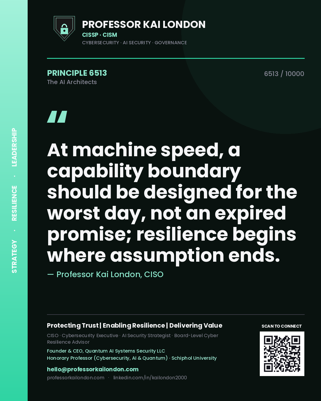 Professor Kai London principle 6513: At machine speed, a capability boundary should be designed for the worst day, not an expired promise; resilience begins where assumption ends.