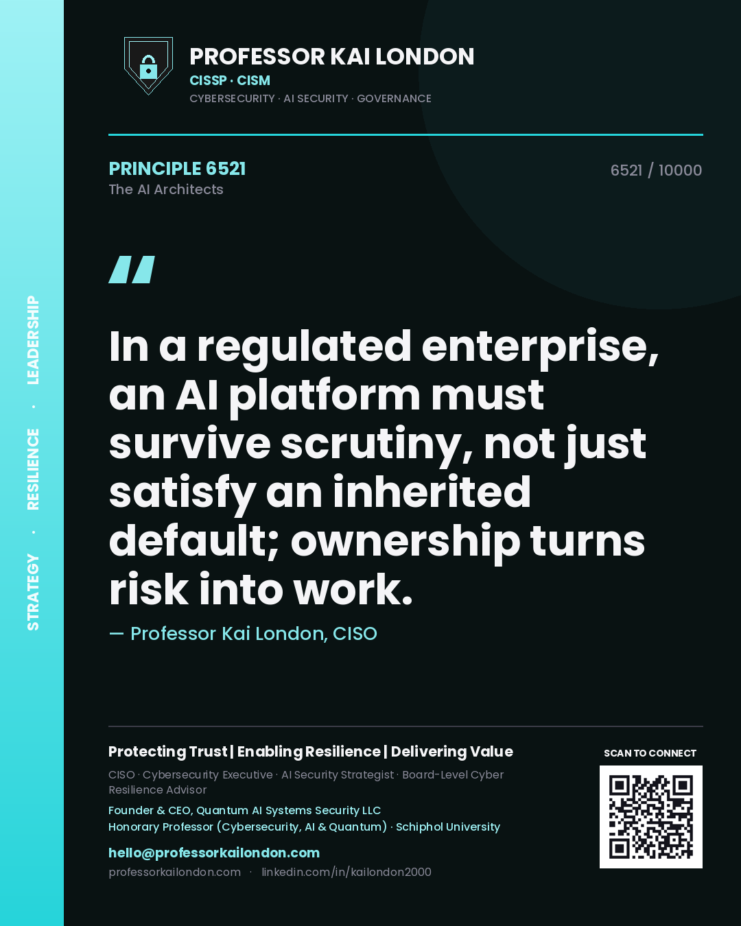 Quote card by Professor Kai London reading 'In a regulated enterprise, an AI platform must survive scrutiny, not just satisfy an inherited default; ownership turns risk into work.'. From the book The AI Architects.