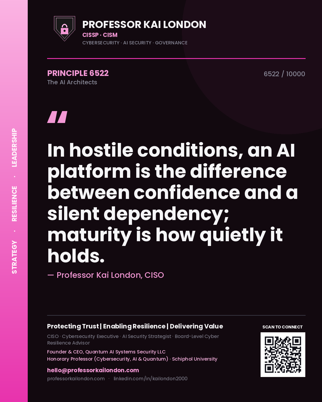 Quote card by Professor Kai London reading 'In hostile conditions, an AI platform is the difference between confidence and a silent dependency; maturity is how quietly it holds.'. From the book The AI Architects.