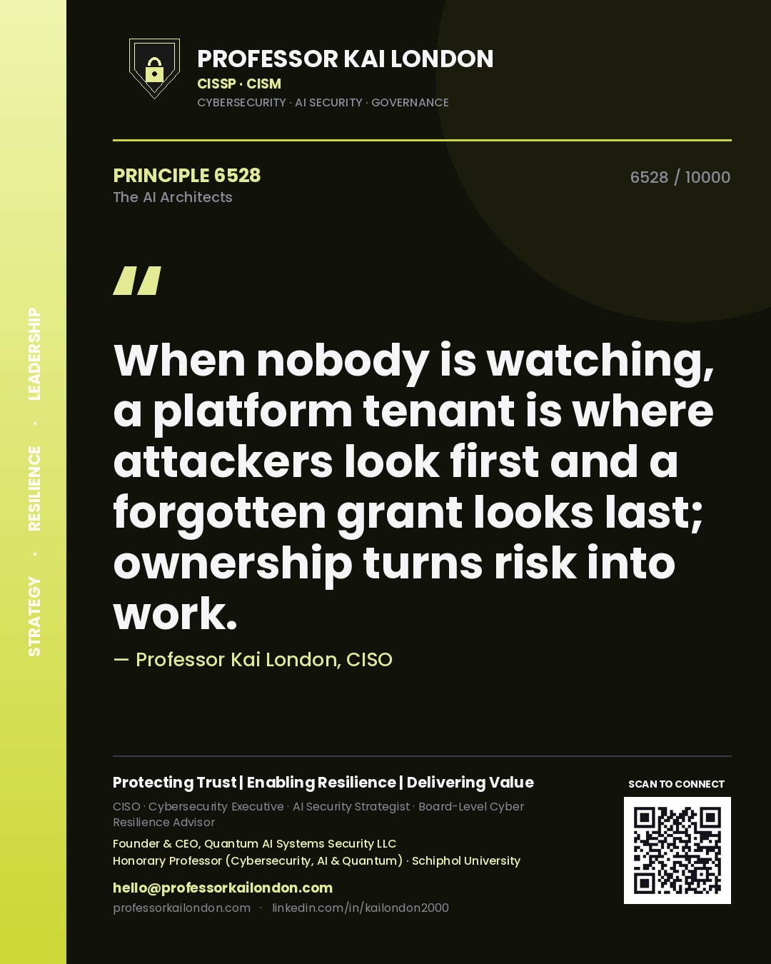 Quote card by Professor Kai London reading 'When nobody is watching, a platform tenant is where attackers look first and a forgotten grant looks last; ownership turns risk into work.'. From the book The AI Architects.