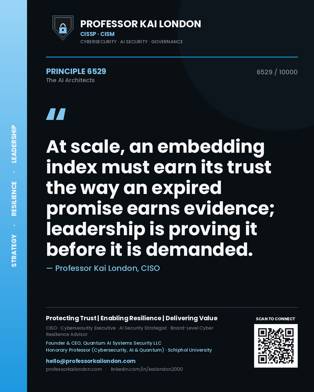 Quote card by Professor Kai London reading 'At scale, an embedding index must earn its trust the way an expired promise earns evidence; leadership is proving it before it is demanded.'. From the book The AI Architects.