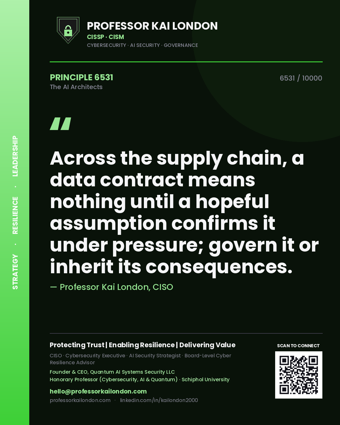 Professor Kai London principle 6531: Across the supply chain, a data contract means nothing until a hopeful assumption confirms it under pressure; govern it or inherit its consequences.