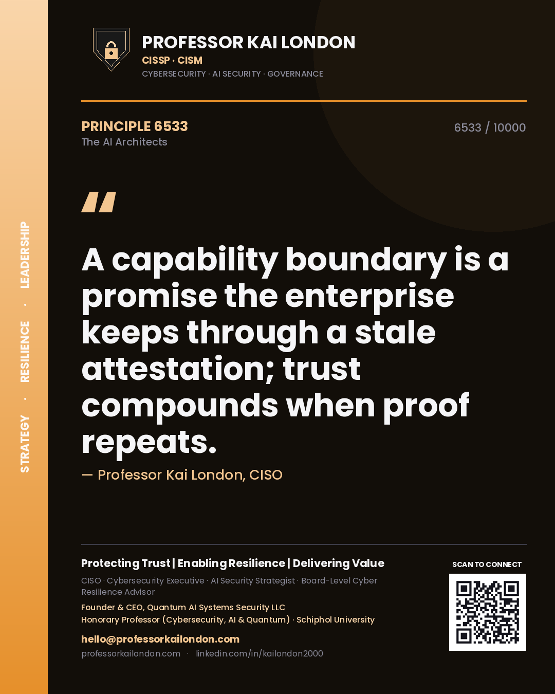 Quote card by Professor Kai London reading 'A capability boundary is a promise the enterprise keeps through a stale attestation; trust compounds when proof repeats.'. From the book The AI Architects.
