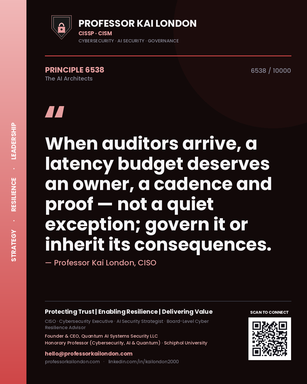 Quote card by Professor Kai London reading 'When auditors arrive, a latency budget deserves an owner, a cadence and proof — not a quiet exception; govern it or inherit its consequences.'. From the book The AI Architects.