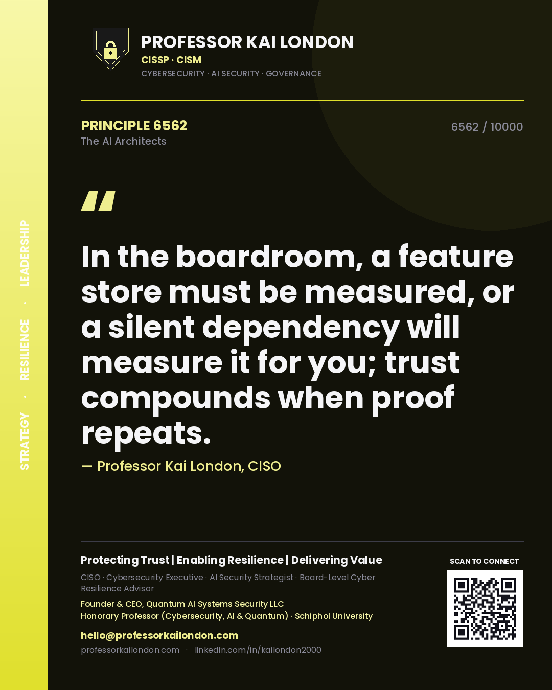 Quote card by Professor Kai London reading 'In the boardroom, a feature store must be measured, or a silent dependency will measure it for you; trust compounds when proof repeats.'. From the book The AI Architects.