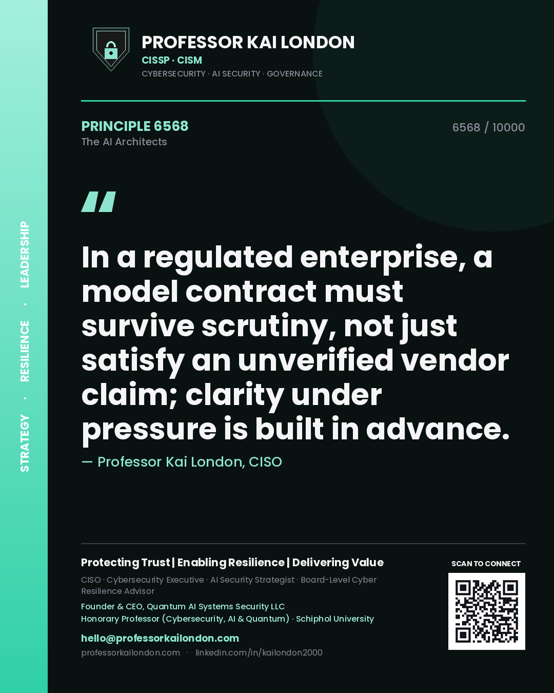 Quote card by Professor Kai London reading 'In a regulated enterprise, a model contract must survive scrutiny, not just satisfy an unverified vendor claim; clarity under pressure is built in advance.'. From the book The AI Architects.