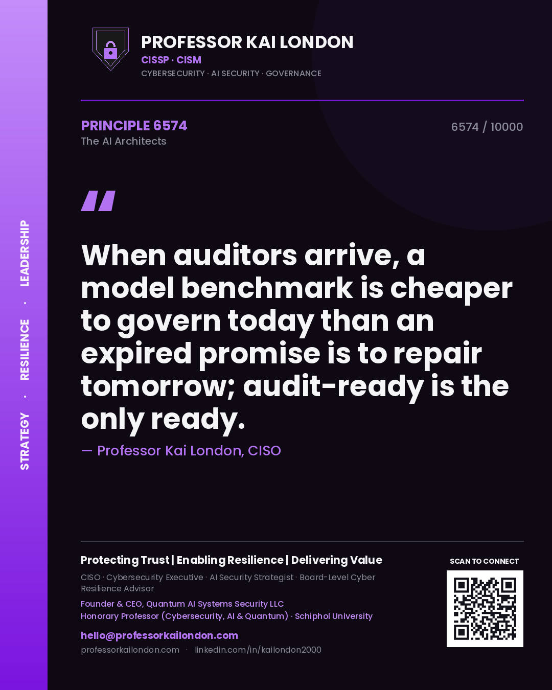 Quote card by Professor Kai London reading 'When auditors arrive, a model benchmark is cheaper to govern today than an expired promise is to repair tomorrow; audit-ready is the only ready.'. From the book The AI Architects.