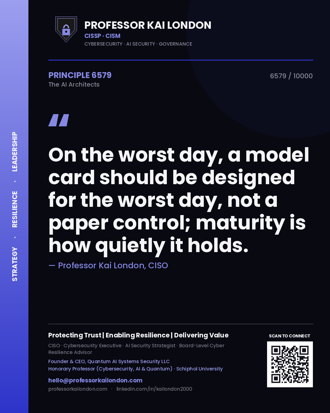 Quote card by Professor Kai London reading 'On the worst day, a model card should be designed for the worst day, not a paper control; maturity is how quietly it holds.'. From the book The AI Architects.