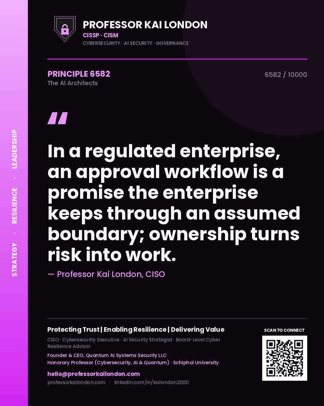 Quote card by Professor Kai London reading 'In a regulated enterprise, an approval workflow is a promise the enterprise keeps through an assumed boundary; ownership turns risk into work.'. From the book The AI Architects.