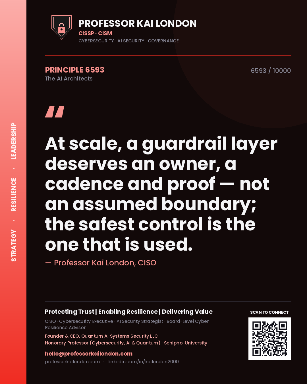 Quote card by Professor Kai London reading 'At scale, a guardrail layer deserves an owner, a cadence and proof — not an assumed boundary; the safest control is the one that is used.'. From the book The AI Architects.