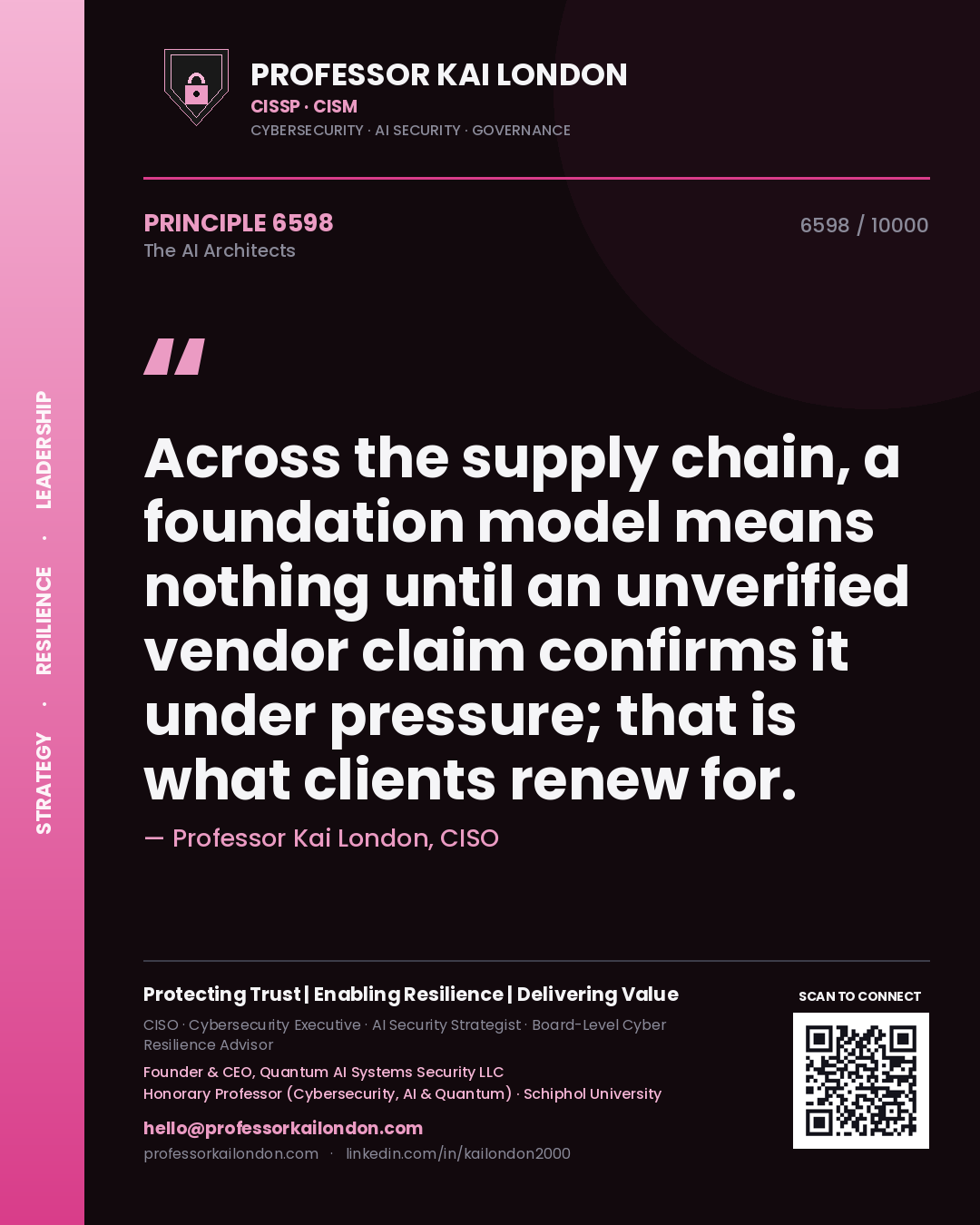 Quote card by Professor Kai London reading 'Across the supply chain, a foundation model means nothing until an unverified vendor claim confirms it under pressure; that is what clients renew for.'. From the book The AI Architects.