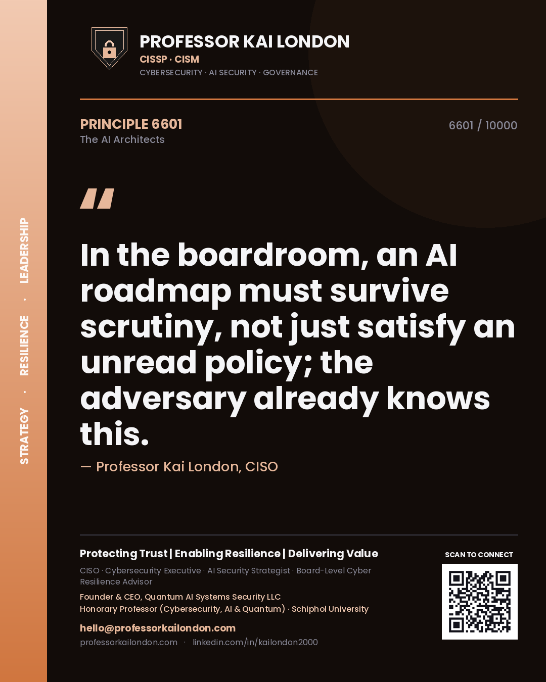 Quote card by Professor Kai London reading 'In the boardroom, an AI roadmap must survive scrutiny, not just satisfy an unread policy; the adversary already knows this.'. From the book The AI Architects.