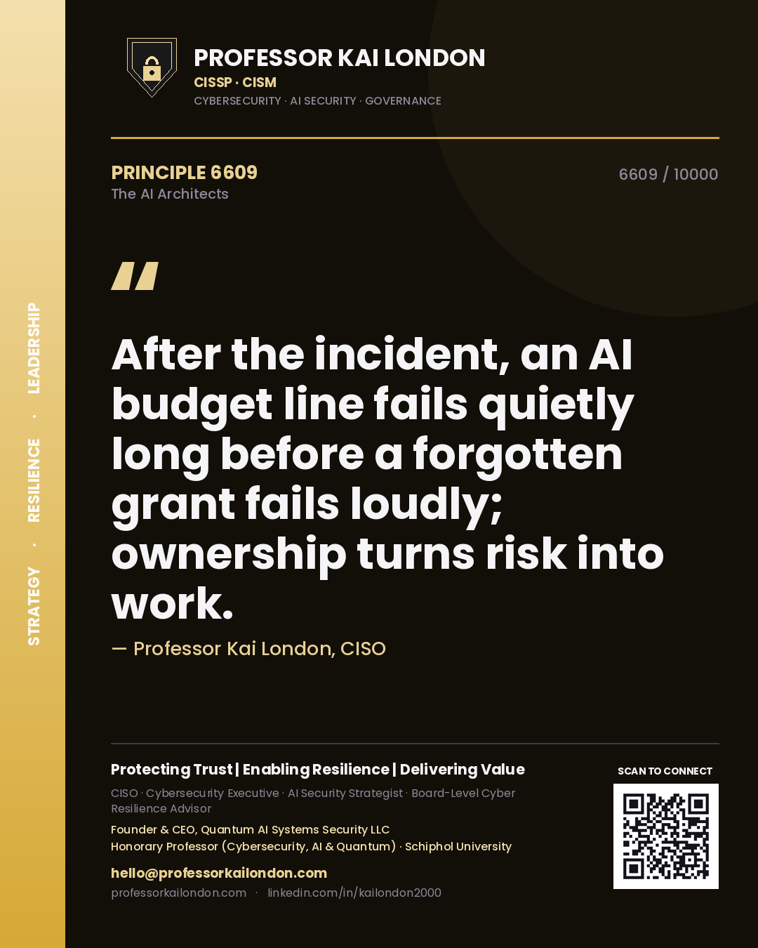 Quote card by Professor Kai London reading 'After the incident, an AI budget line fails quietly long before a forgotten grant fails loudly; ownership turns risk into work.'. From the book The AI Architects.