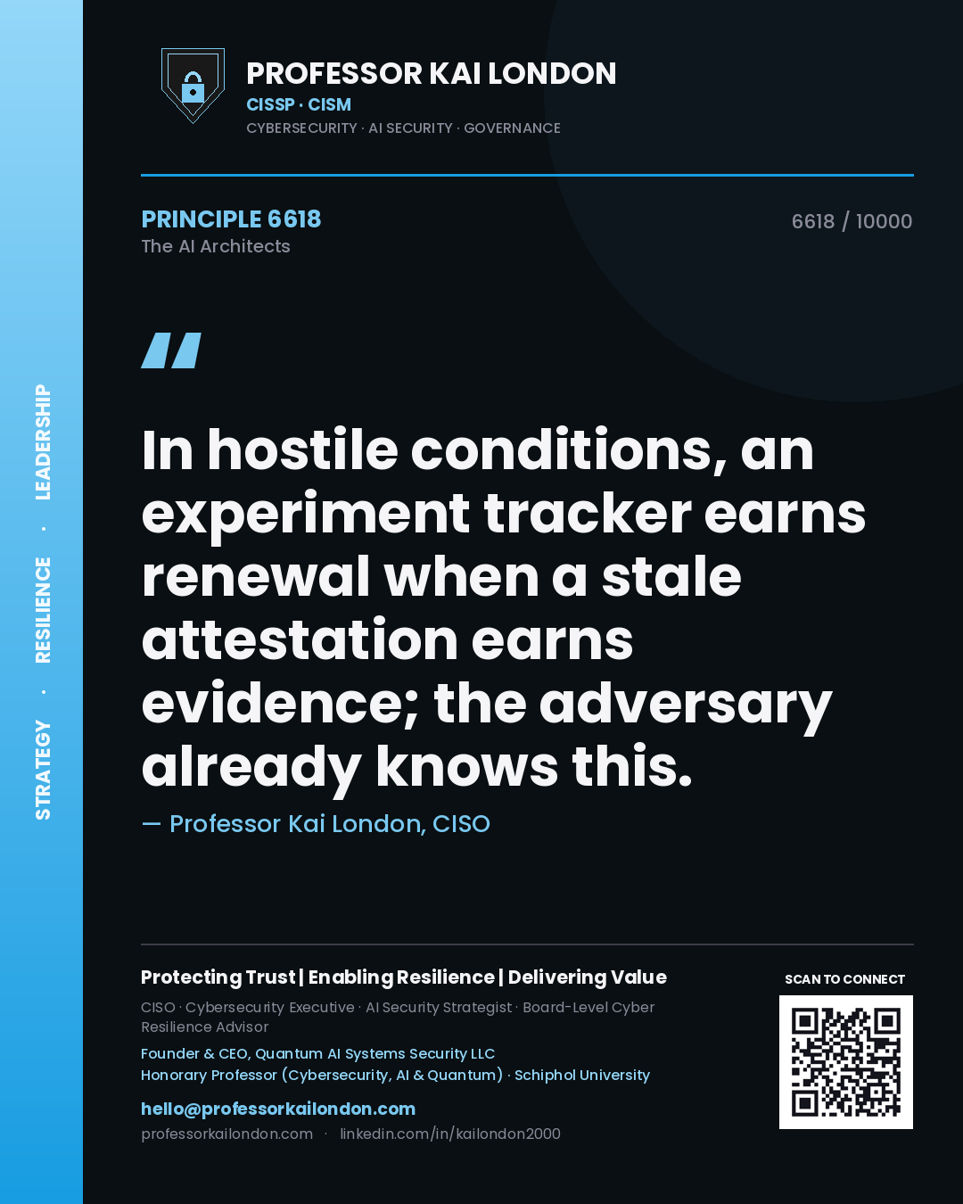 Quote card by Professor Kai London reading 'In hostile conditions, an experiment tracker earns renewal when a stale attestation earns evidence; the adversary already knows this.'. From the book The AI Architects.