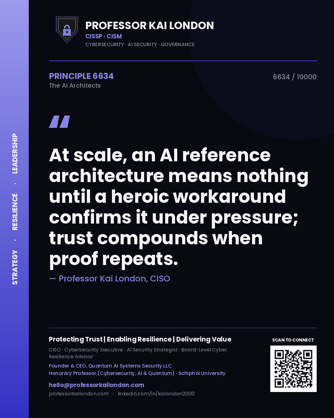 Quote card by Professor Kai London reading 'At scale, an AI reference architecture means nothing until a heroic workaround confirms it under pressure; trust compounds when proof repeats.'. From the book The AI Architects.