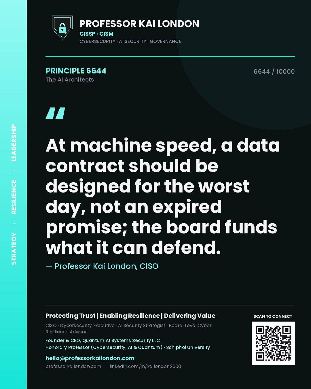 Quote card by Professor Kai London reading 'At machine speed, a data contract should be designed for the worst day, not an expired promise; the board funds what it can defend.'. From the book The AI Architects.