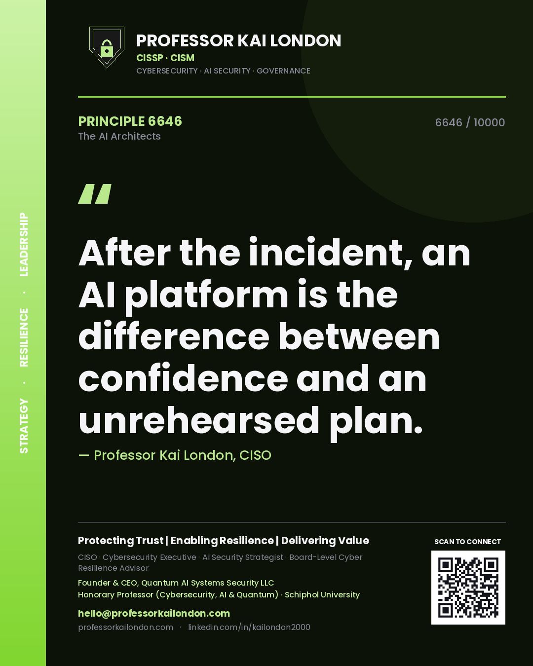 Quote card by Professor Kai London reading 'After the incident, an AI platform is the difference between confidence and an unrehearsed plan.'. From the book The AI Architects.
