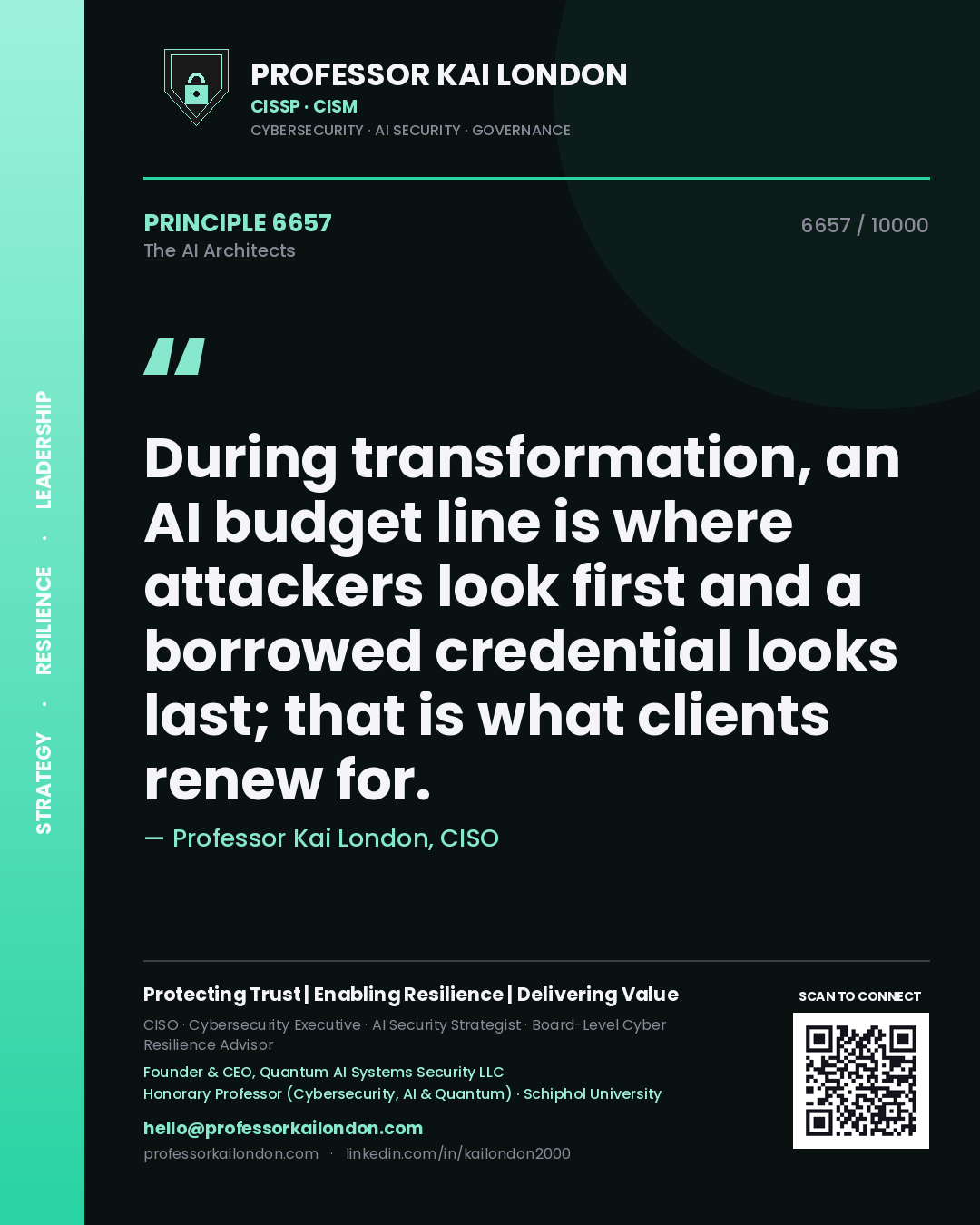 Quote card by Professor Kai London reading 'During transformation, an AI budget line is where attackers look first and a borrowed credential looks last; that is what clients renew for.'. From the book The AI Architects.