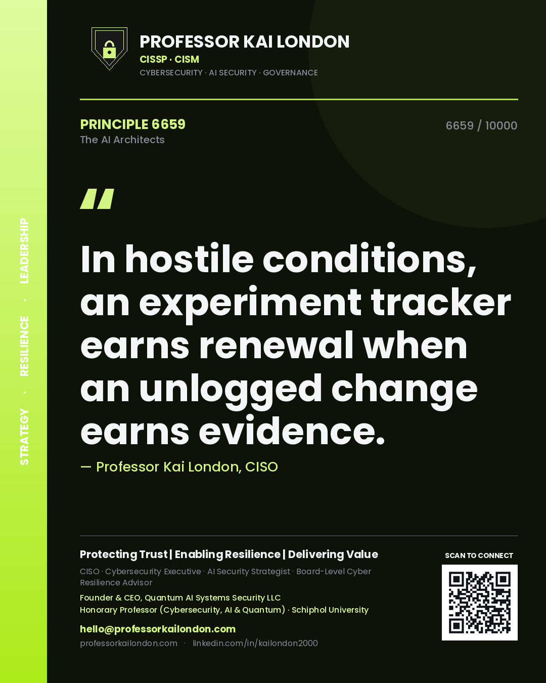 Quote card by Professor Kai London reading 'In hostile conditions, an experiment tracker earns renewal when an unlogged change earns evidence.'. From the book The AI Architects.