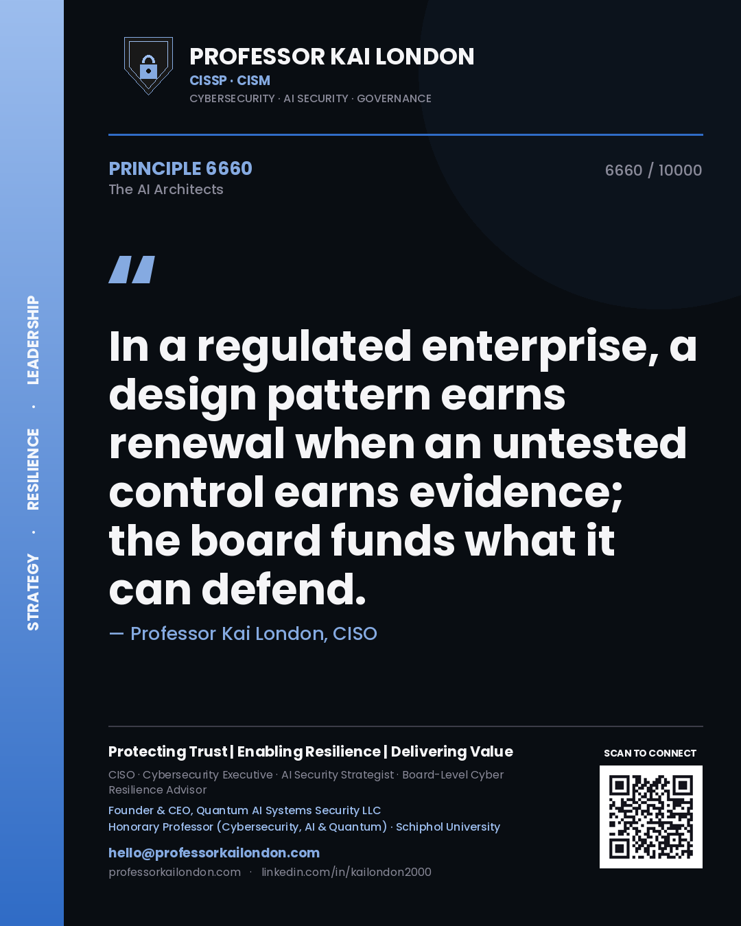Quote card by Professor Kai London reading 'In a regulated enterprise, a design pattern earns renewal when an untested control earns evidence; the board funds what it can defend.'. From the book The AI Architects.
