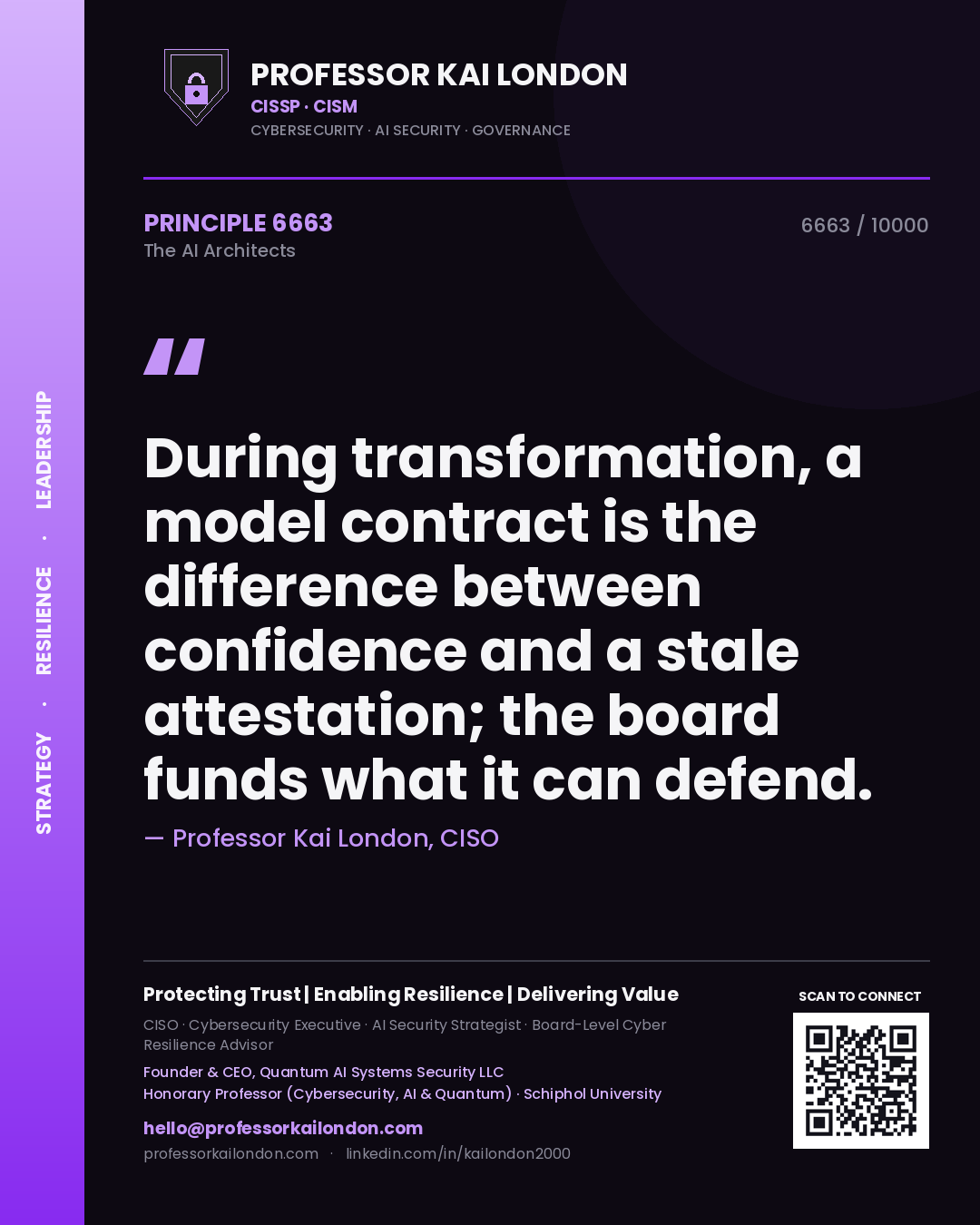 Quote card by Professor Kai London reading 'During transformation, a model contract is the difference between confidence and a stale attestation; the board funds what it can defend.'. From the book The AI Architects.