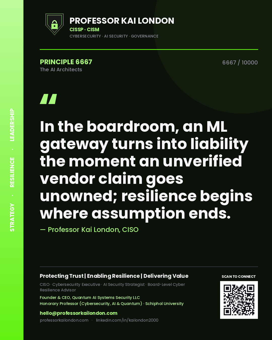 Quote card by Professor Kai London reading 'In the boardroom, an ML gateway turns into liability the moment an unverified vendor claim goes unowned; resilience begins where assumption ends.'. From the book The AI Architects.