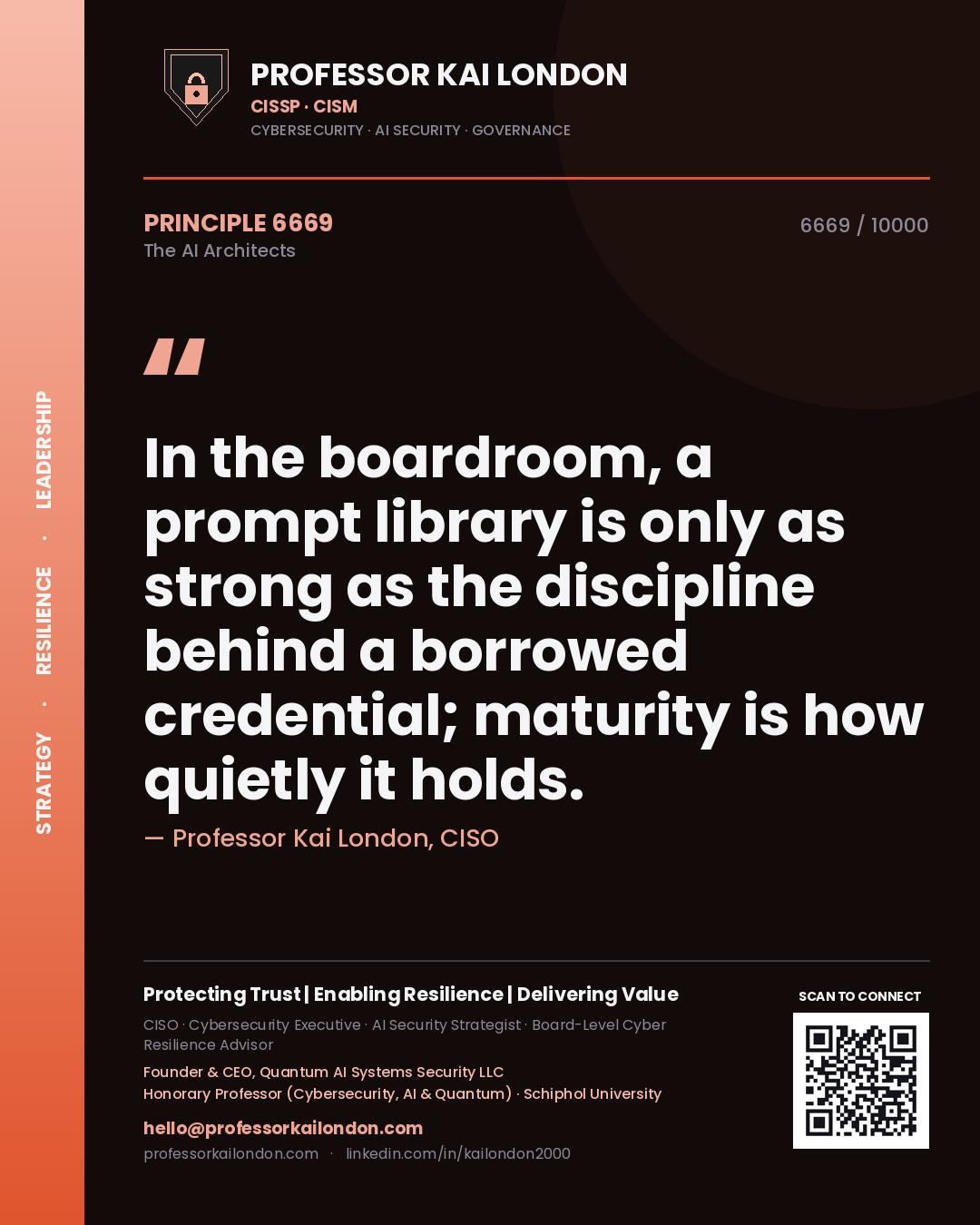 Quote card by Professor Kai London reading 'In the boardroom, a prompt library is only as strong as the discipline behind a borrowed credential; maturity is how quietly it holds.'. From the book The AI Architects.