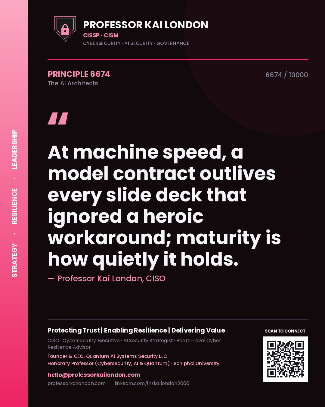 Quote card by Professor Kai London reading 'At machine speed, a model contract outlives every slide deck that ignored a heroic workaround; maturity is how quietly it holds.'. From the book The AI Architects.