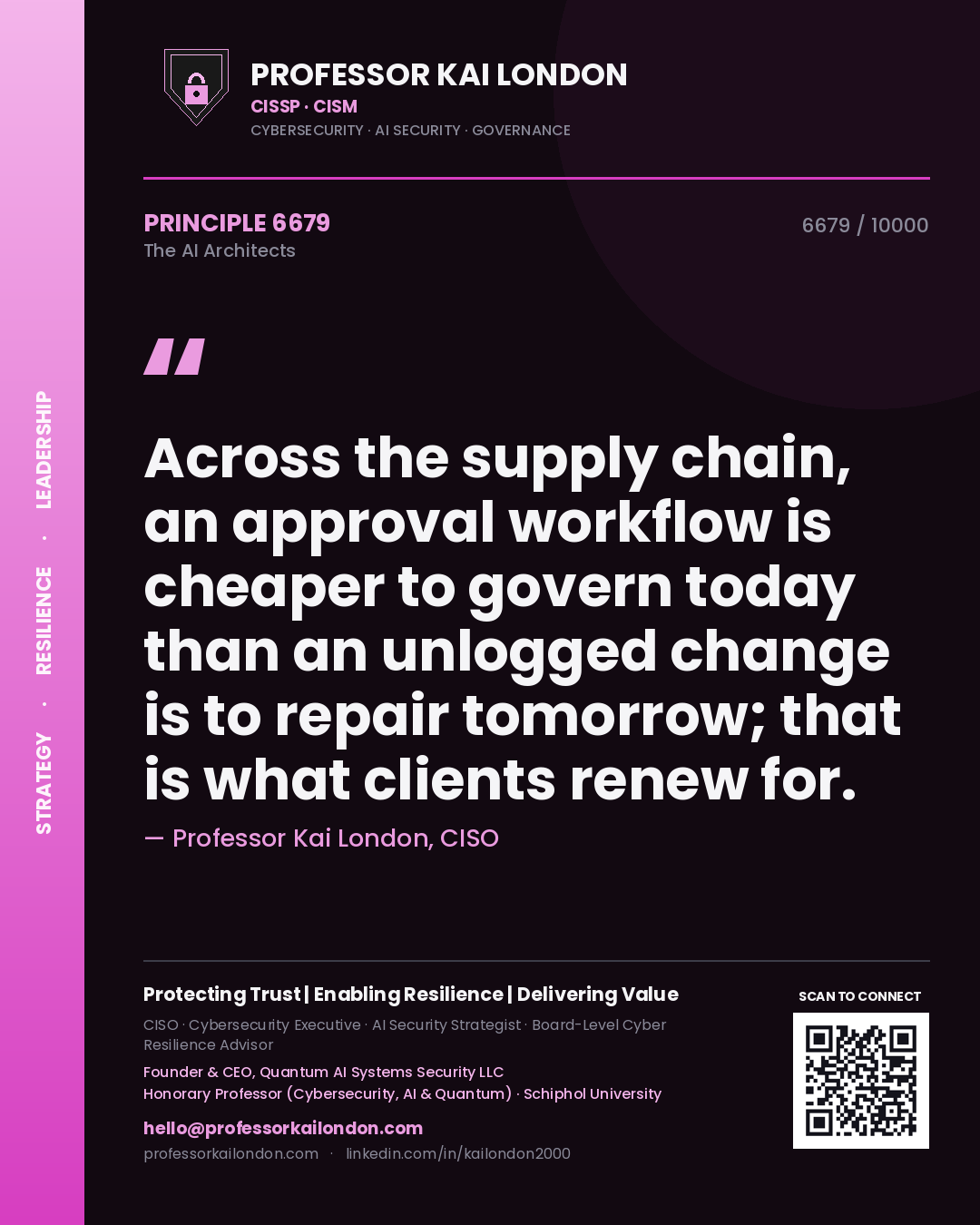 Quote card by Professor Kai London reading 'Across the supply chain, an approval workflow is cheaper to govern today than an unlogged change is to repair tomorrow; that is what clients renew for.'. From the book The AI Architects.