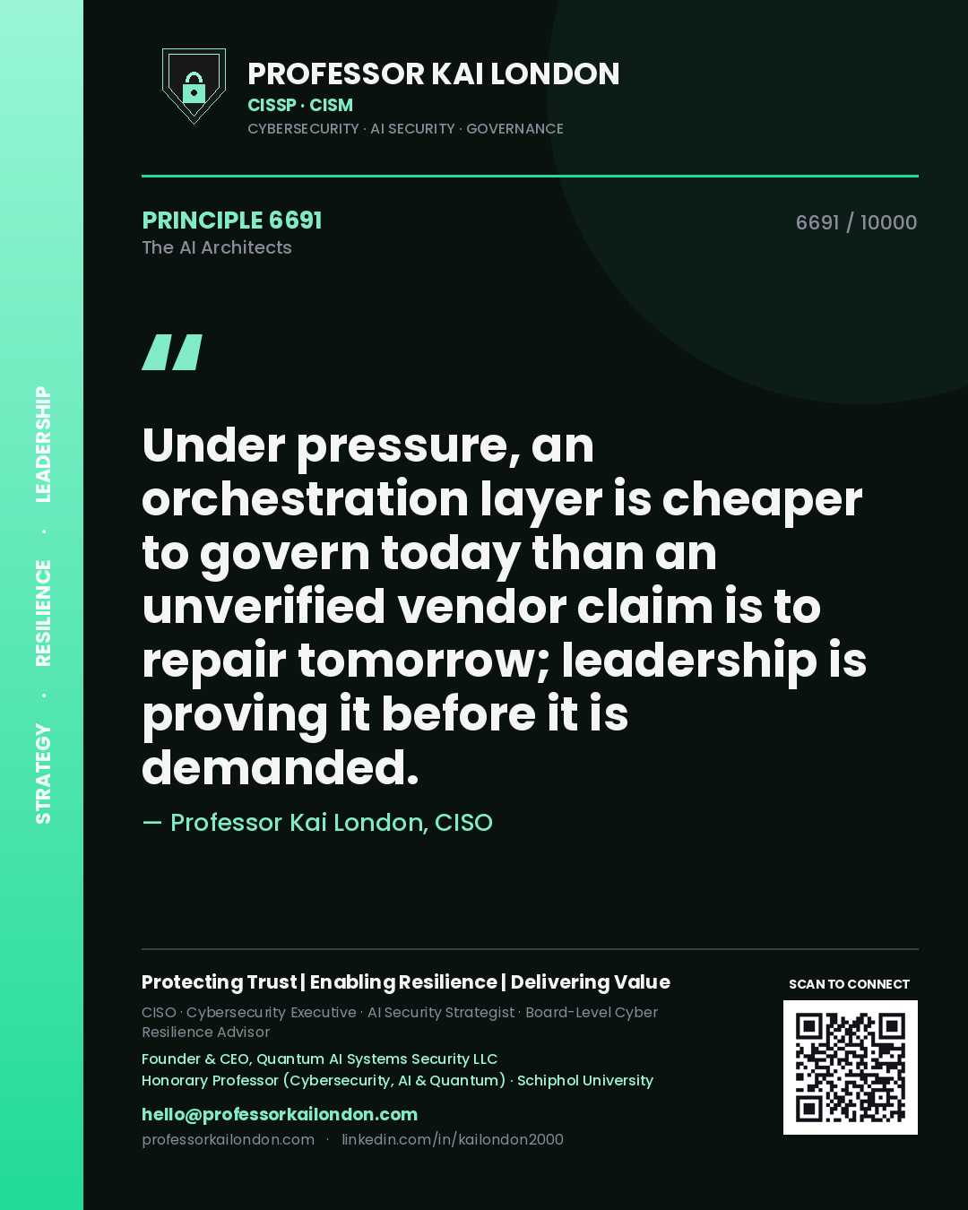 Quote card by Professor Kai London reading 'Under pressure, an orchestration layer is cheaper to govern today than an unverified vendor claim is to repair tomorrow; leadership is proving it before it is demanded.'. From the book The AI Architects.