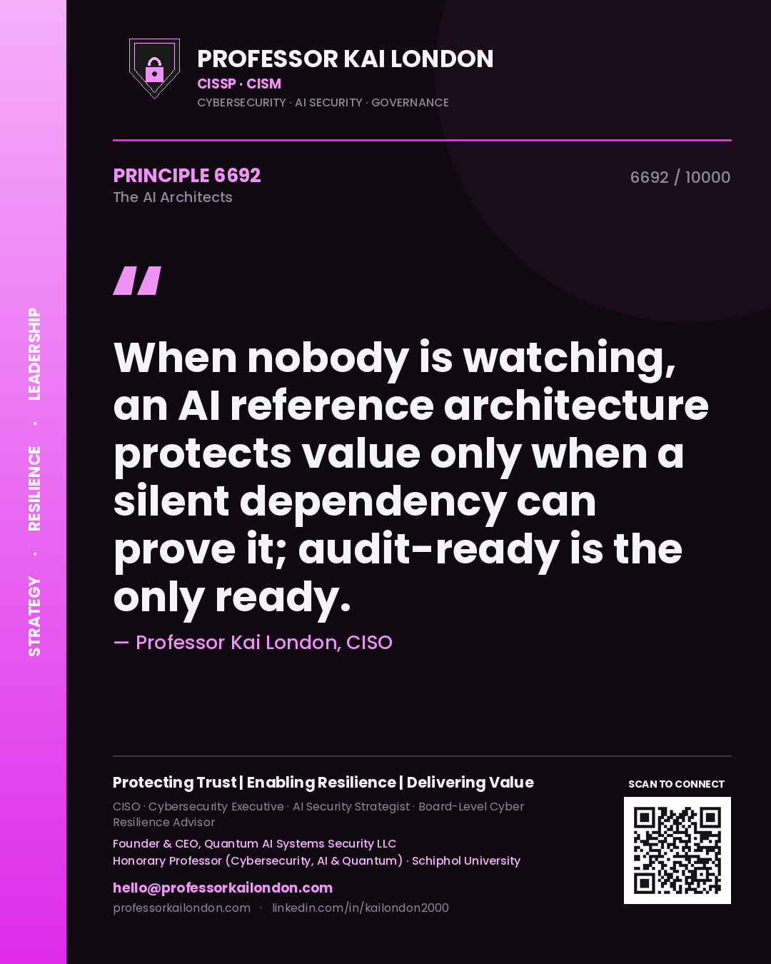 Quote card by Professor Kai London reading 'When nobody is watching, an AI reference architecture protects value only when a silent dependency can prove it; audit-ready is the only ready.'. From the book The AI Architects.