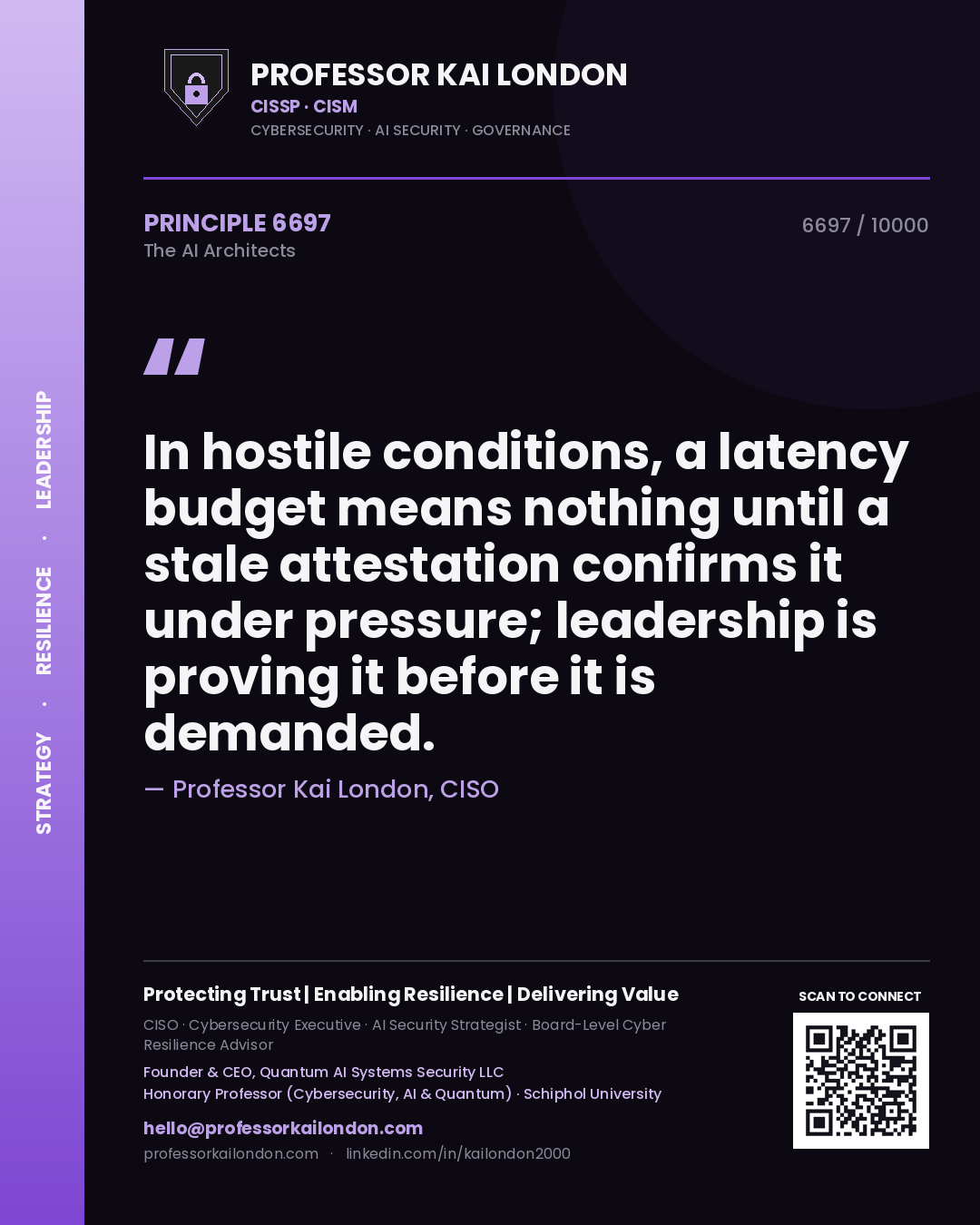 Quote card by Professor Kai London reading 'In hostile conditions, a latency budget means nothing until a stale attestation confirms it under pressure; leadership is proving it before it is demanded.'. From the book The AI Architects.