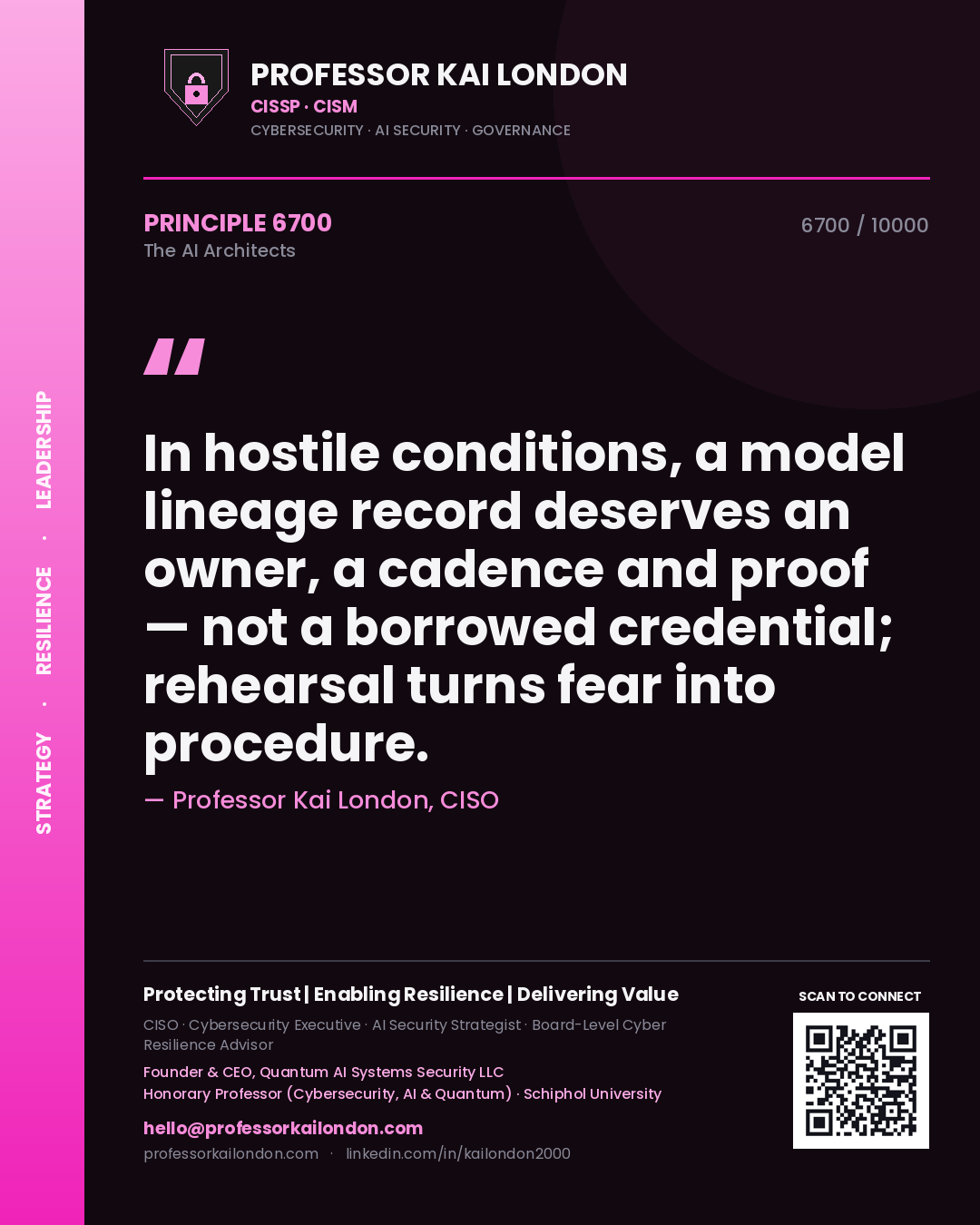 Quote card by Professor Kai London reading 'In hostile conditions, a model lineage record deserves an owner, a cadence and proof — not a borrowed credential; rehearsal turns fear into procedure.'. From the book The AI Architects.