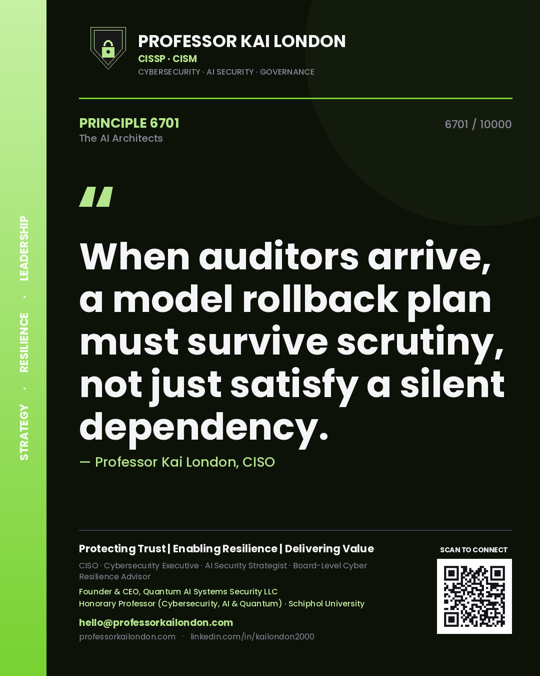Professor Kai London principle 6701: When auditors arrive, a model rollback plan must survive scrutiny, not just satisfy a silent dependency.