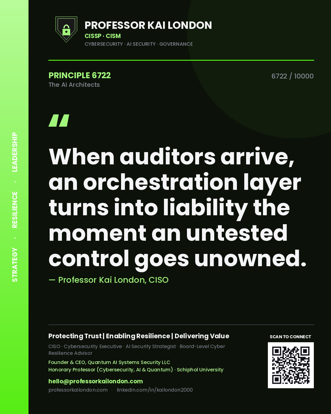 Professor Kai London principle 6722: When auditors arrive, an orchestration layer turns into liability the moment an untested control goes unowned.