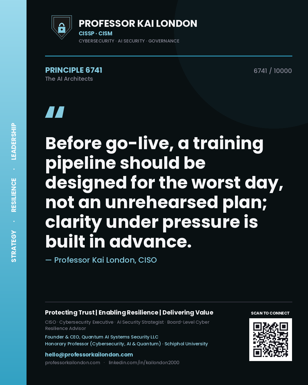 Quote card by Professor Kai London reading 'Before go-live, a training pipeline should be designed for the worst day, not an unrehearsed plan; clarity under pressure is built in advance.'. From the book The AI Architects.