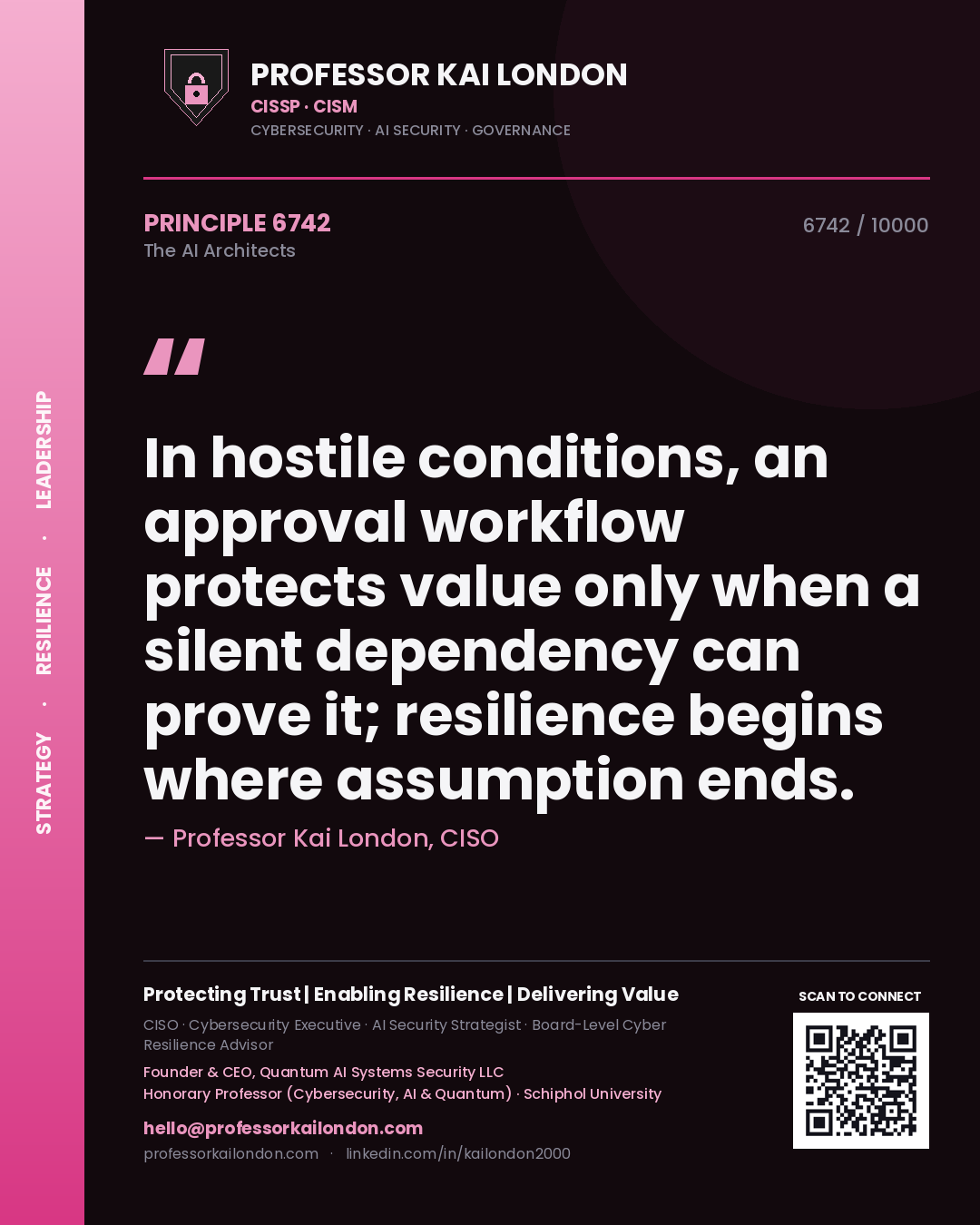 Quote card by Professor Kai London reading 'In hostile conditions, an approval workflow protects value only when a silent dependency can prove it; resilience begins where assumption ends.'. From the book The AI Architects.