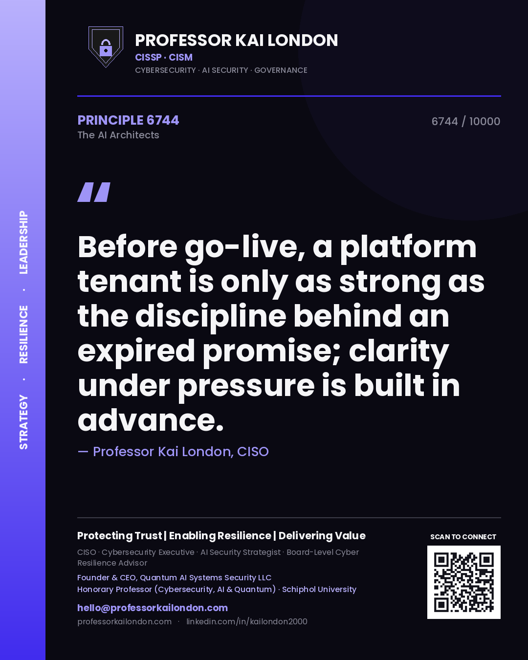 Professor Kai London principle 6744: Before go-live, a platform tenant is only as strong as the discipline behind an expired promise; clarity under pressure is built in advance.