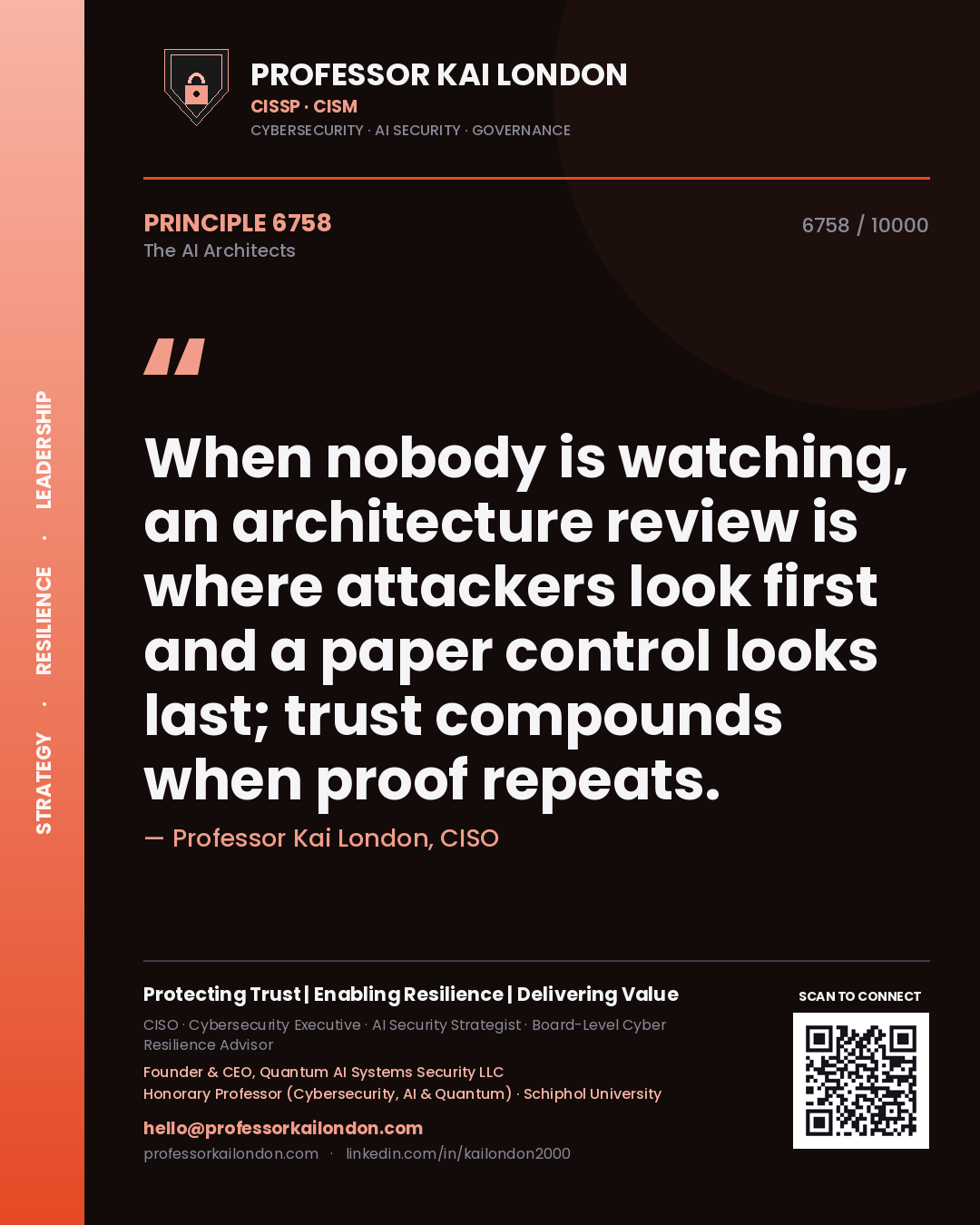 Professor Kai London principle 6758: When nobody is watching, an architecture review is where attackers look first and a paper control looks last; trust compounds when proof repeats.