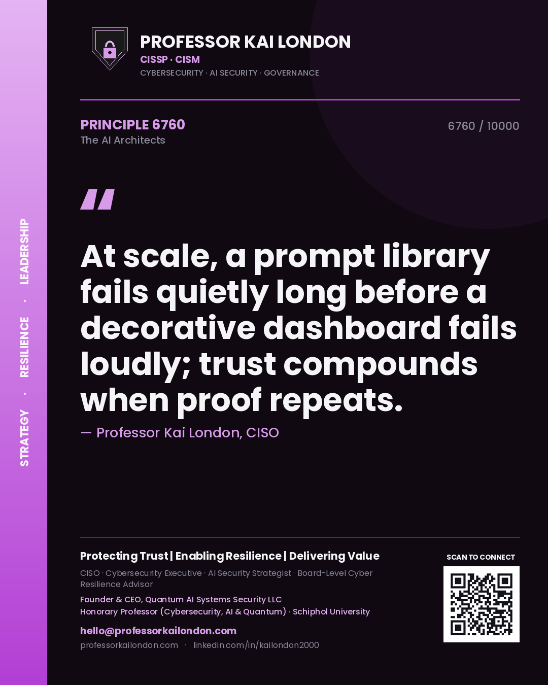 Professor Kai London principle 6760: At scale, a prompt library fails quietly long before a decorative dashboard fails loudly; trust compounds when proof repeats.