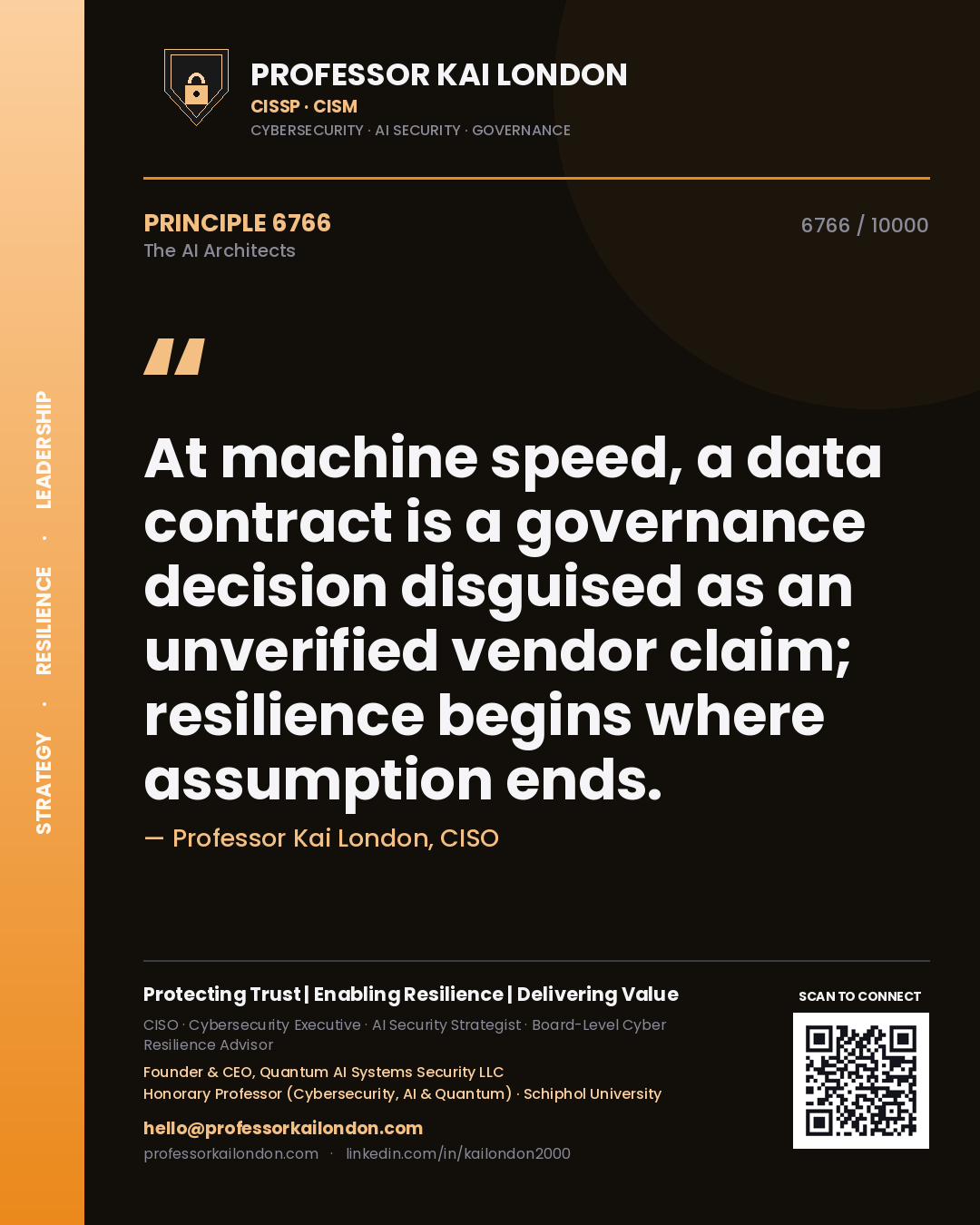 Professor Kai London principle 6766: At machine speed, a data contract is a governance decision disguised as an unverified vendor claim; resilience begins where assumption ends.