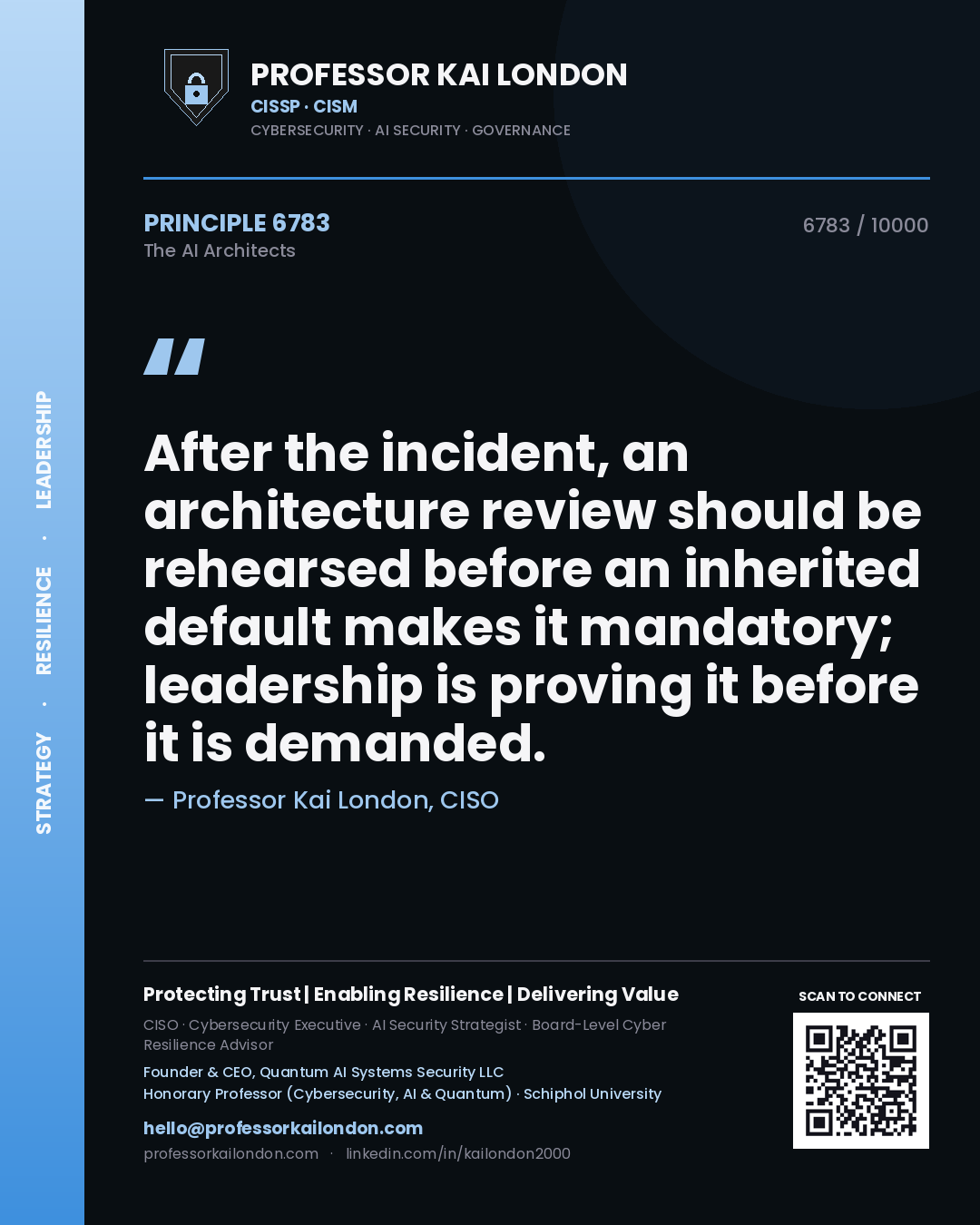 Quote card by Professor Kai London reading 'After the incident, an architecture review should be rehearsed before an inherited default makes it mandatory; leadership is proving it before it is demanded.'. From the book The AI Architects.